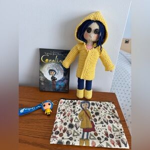 Handmade Coraline Doll with Yellow Raincoat with keychain, bag and dvd